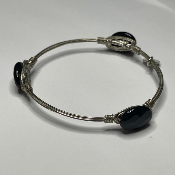 BOURBON & BOWETIES silver tone faceted black bracelet bangle jewelry wire wrap - Picture 6 of 11